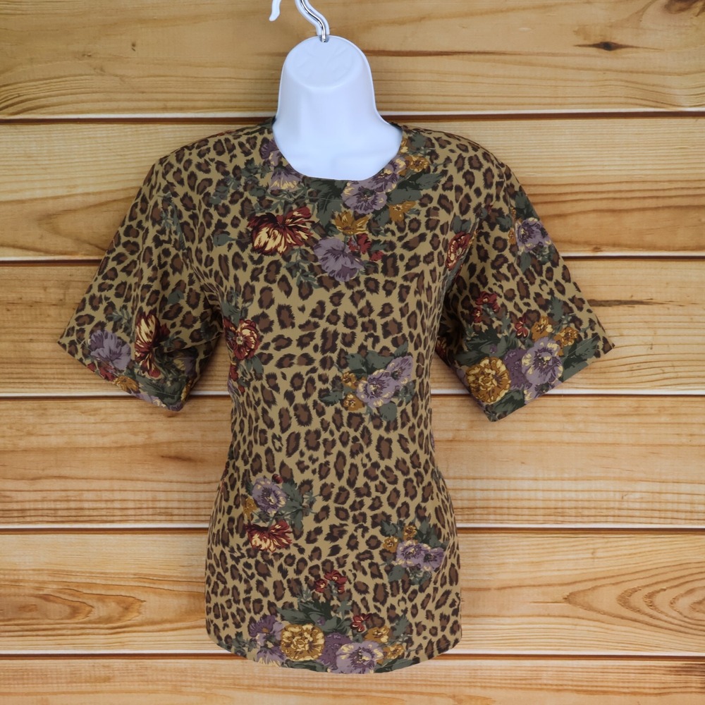 Yves St. Clair Blouse Womens Size 12 Brown Floral Leopard Print Shoulder Pads